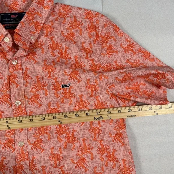 Vineyard Vines Mens Slim Fit Whale Shirt Orange Lobster Print Cotton M Short Slv - Picture 3 of 6